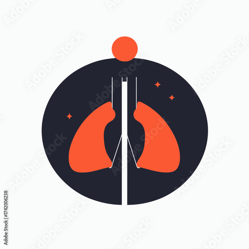 Minimalist flat vector illustration of human respiratory system lungs with trachea in black circle and orange accents on white background for medical health concept