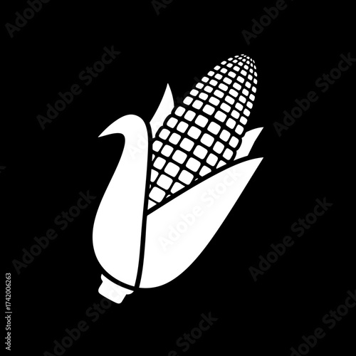 Simple white silhouette of an ear of corn with husk.