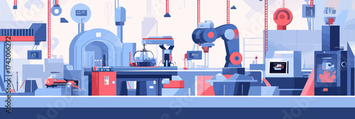 Automated industrial factory floor with robotic arms conveyor belts smart machines and digital control panels flat vector illustration in minimalist style
