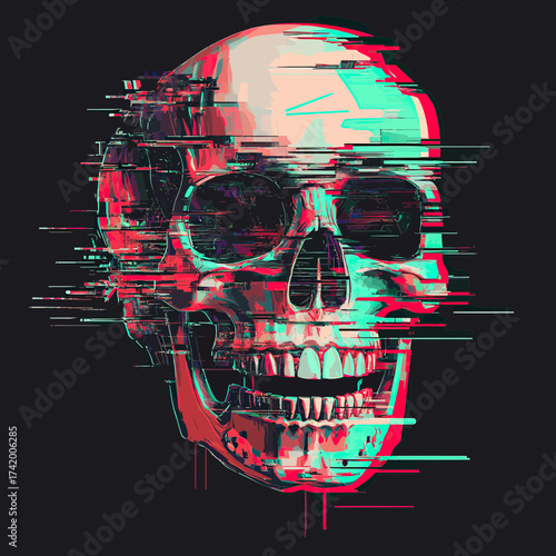 Glitch distorted digital human skull with red and green anaglyph 3D effect, technological virtual digital glitch art on black background, vector design