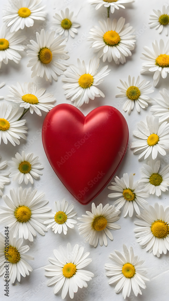 Obraz premium Glossy Red Heart Surrounded by White Daisies – Romantic Flatlay on White Background