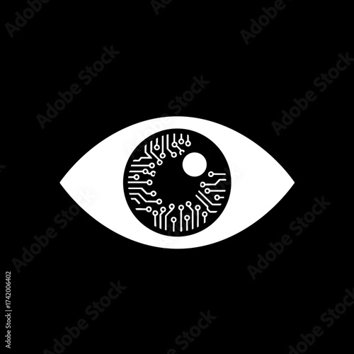 Digital Eye with Circuit Board Iris Representing Artificial Intelligence and Surveillance.