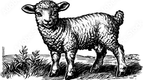 Vintage engraving of a lamb in a rural setting. Detailed line drawing showcasing the animal in a black and white vector illustration.