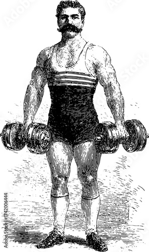 Bodybuilder holding dumbbells in vintage costume. Monochrome engraving style. Vector illustration of oldschool strongman.