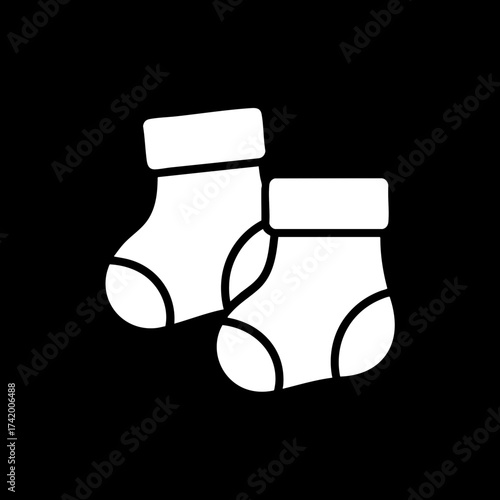 Two white baby socks on a black background simple icon.