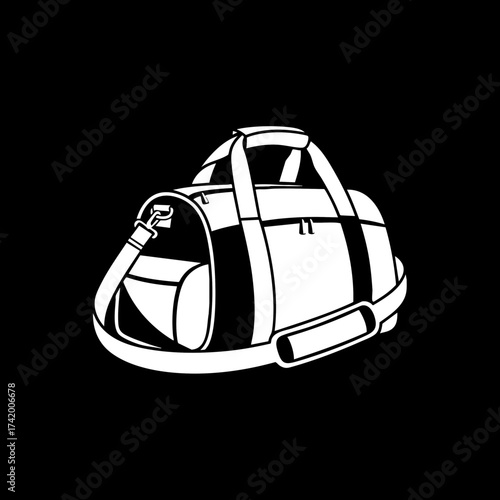 White outline illustration of a sports duffel bag with shoulder strap and handles.