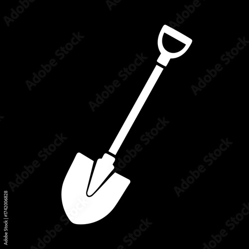 White Shovel Icon Simple Digging Tool Silhouette for Gardening and Construction.