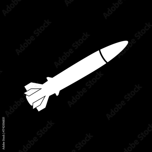 Simple white silhouette of a missile or rocket graphic on a black background.
