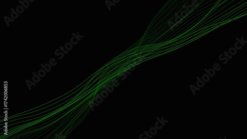 Abstract digital green light streaks flowing gracefully across a dark backdrop, creating a sense of dynamic energy and motion