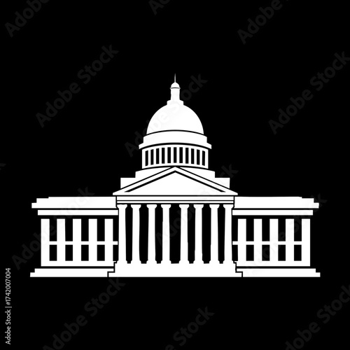 White silhouette of classic government capitol building with dome and columns.