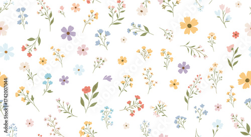 A delightful collection of small whimsical wildflowers scattered across a clean white backdrop creating a charming and airy aesthetic.