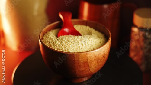 Exploring uncooked couscous in a wooden bowl under warm lights