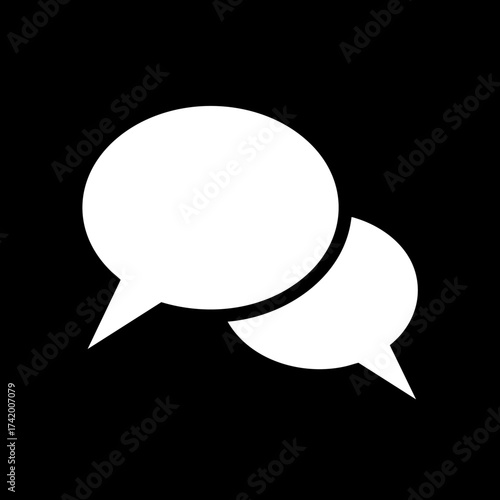 Two white speech bubbles icon on black background representing communication.