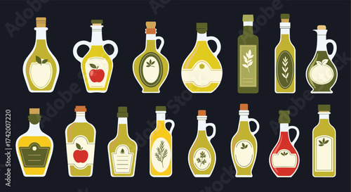 Collection of various olive oil and vinegar bottles for cooking and dressing.