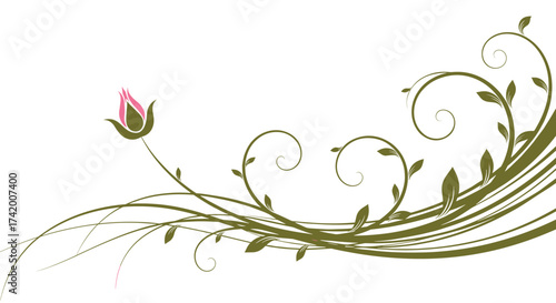 Elegant swirling vine with a delicate pink rosebud accent on a clean white background.