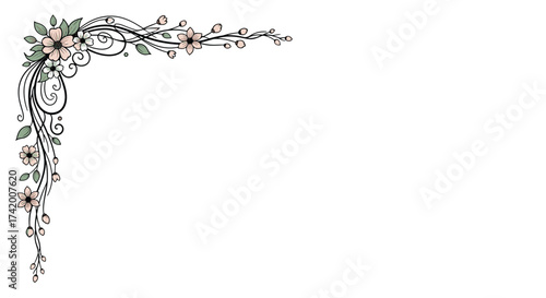 Elegant floral corner flourish with delicate blossoms and leaves for decorative design purposes.