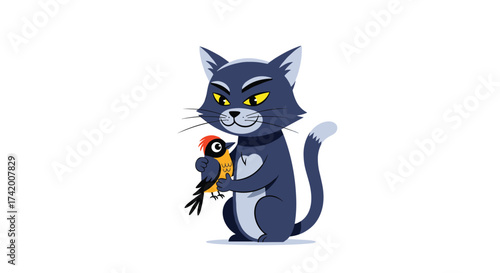 A mischievous cat holds a small bird in its paws with yellow eyes looking forward.
