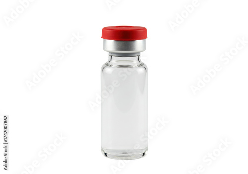 Clear glass medicine vial with red cap isolated, pharmaceutical packaging for vaccine or injectable drug on no background