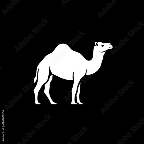 White camel silhouette on black background desert animal icon graphic.