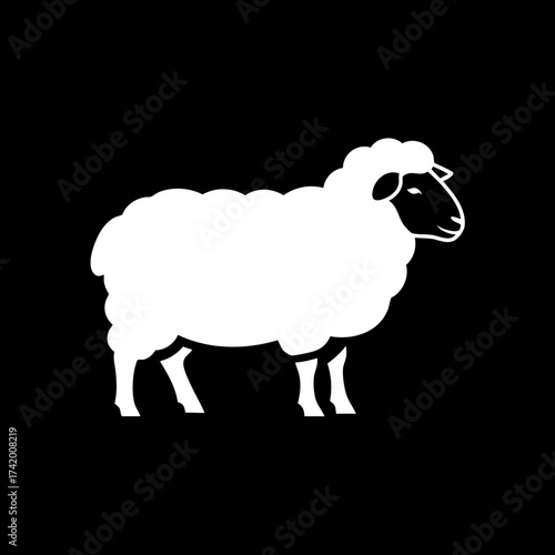 Minimalist White Sheep Silhouette Icon on Black Background.