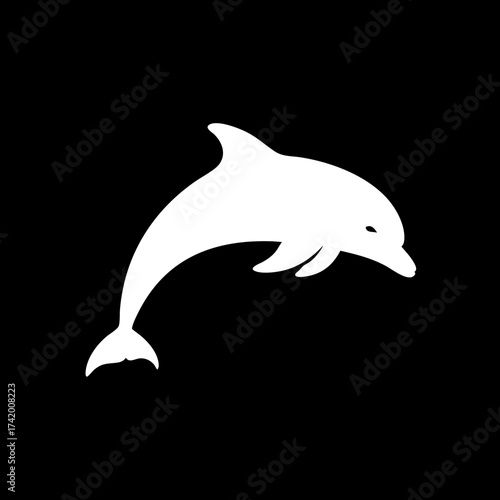 Graceful white dolphin silhouette leaping against a stark black background minimalist marine life illustration.