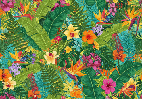 Vibrant tropical foliage and flowers create a lush, exotic seamless pattern design