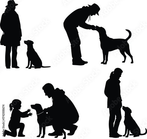 Silhouette vector illustration of people interacting with dogs in various poses—standing, kneeling, petting, and bonding—showcasing companionship, training, affection,