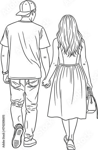 Young couple walking hand in hand from behind, casual street style, romantic stroll, love connection, urban lifestyle — ideal vector illustration for dating, relationships, fashion, and modern 