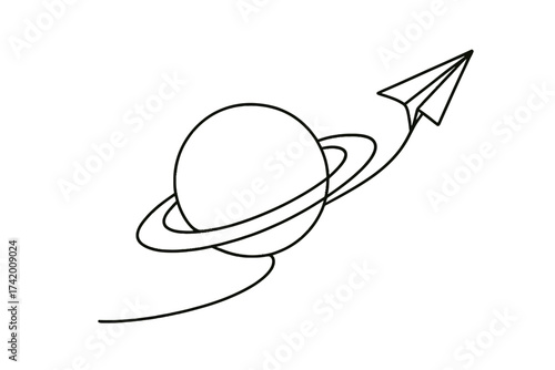 Flying Paper Airplane Orbiting Saturn - Minimalist Vector Illustration - Space Art - Simple Design - Abstract Environment