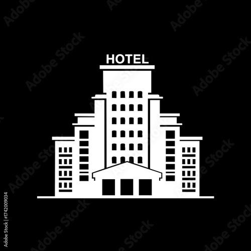 Minimalist Hotel Building Icon Silhouette on Black Background.