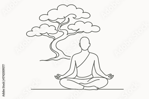 Meditative Action, Monk Subject, Nature Location, Simple Illustration Type, Calm Environment, Serene Viewpoint, Mindfulness Concept