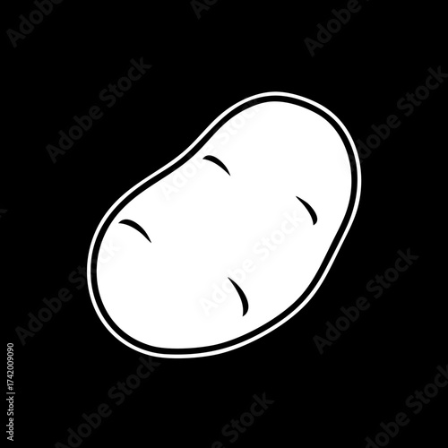 Simple white potato vegetable icon on black background.