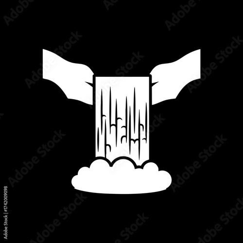Stylized Hands Pouring Water Forming a Waterfall with Splash Illustration.
