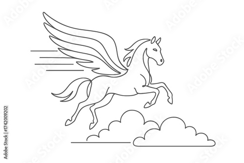 Action-Pegasus in Flight, Fantasy Landscape, Illustration, Dreamlike Environment, Aerial View, Mythical Adventure