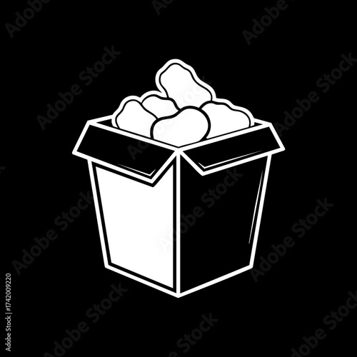 Stylized illustration of a box filled with crispy chicken nuggets.