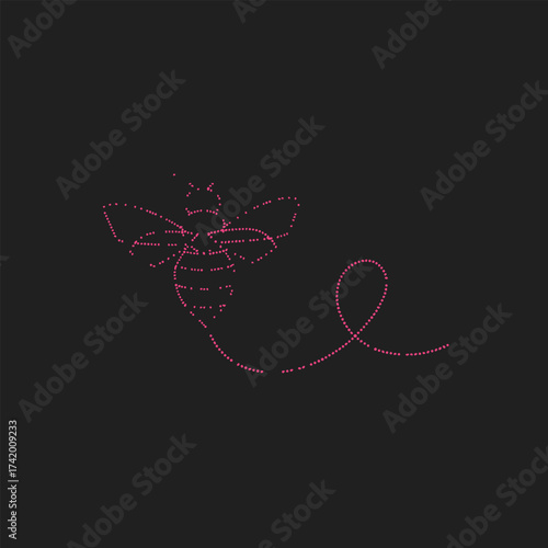 Elegant pink dotted outline of a bee with detailed wings and curved antennae on a dark