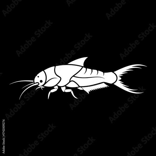 Clean White Silhouette of a Freshwater Fish with Whiskers and Segmented Body Vector Illustration.
