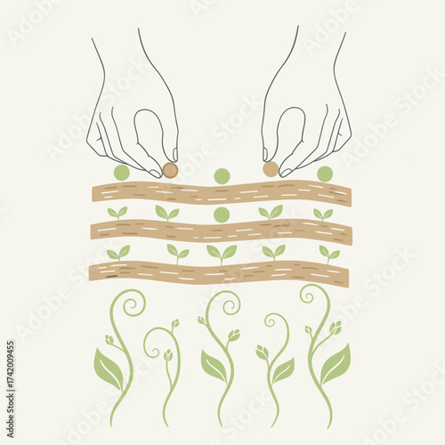 Hands planting seeds and nurturing growth with green foliage  