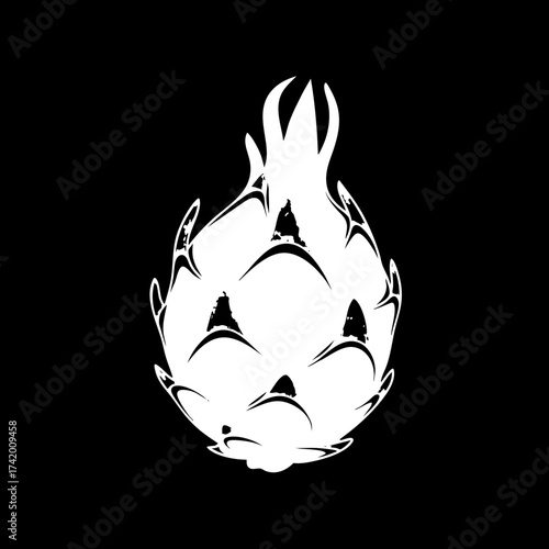 Stylized White Dragon Fruit Silhouette Exotic Tropical Pitaya Fruit Illustration.