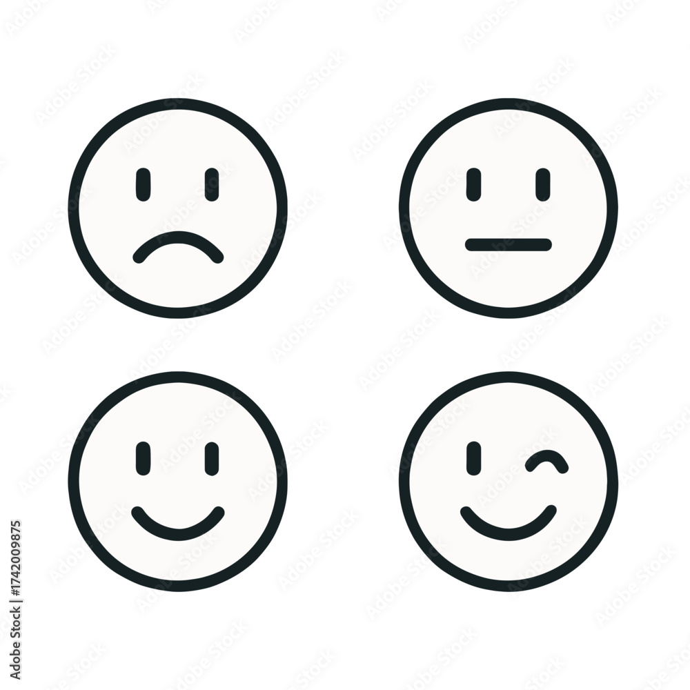 Fototapeta premium Set of simple face emoticons showing different emotions: happy, sad, neutral, and wink.
