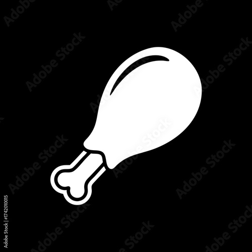 Simple white chicken drumstick icon on black background a classic food silhouette.