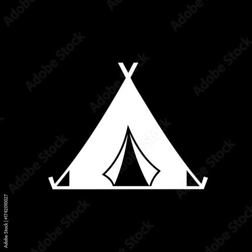 Minimalist white outline icon of a camping tent or teepee for outdoor adventure.