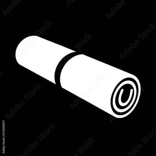 Simple white rolled mat or towel icon on black background.