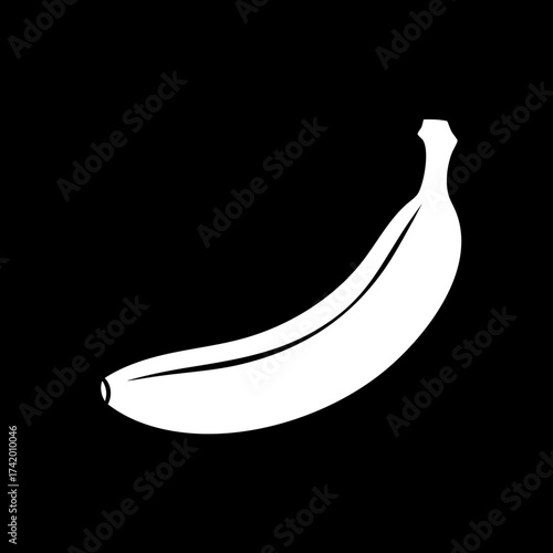 Simple white banana silhouette vector illustration on a clean black background.