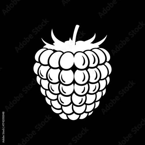 White Raspberry Fruit Icon Silhouette on Black Background.