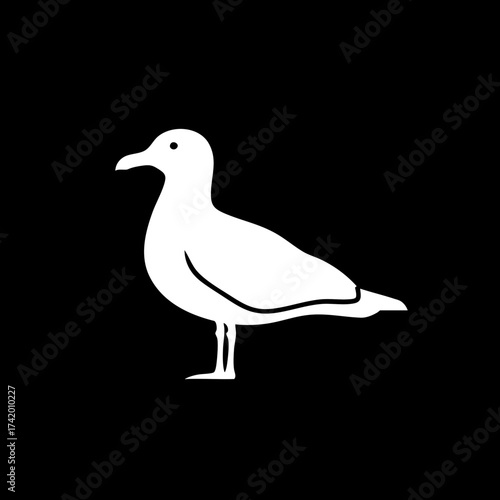 Simple white silhouette of a seagull standing on a black background.