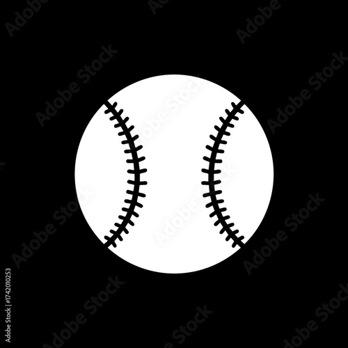 Simple white baseball with black stitches on a black background.