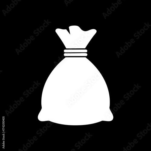 Simple white icon of a tied bag or sack representing wealth.