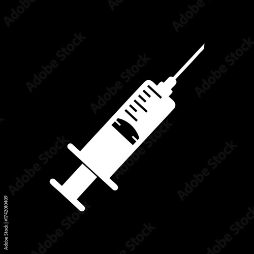 White Syringe Icon on Black Background for Medical and Healthcare Concepts.