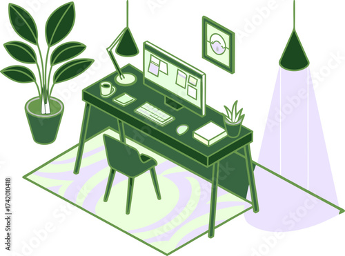 Cozy isometric home office setup with desk computer and plant Illustration
